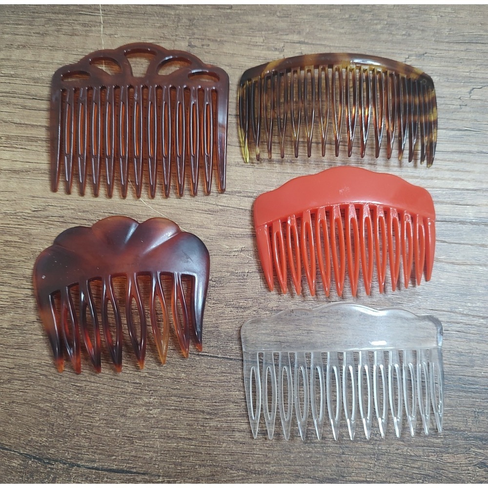 5 Vintage 80s Style USA Plastic Hair Side Combs Tortoise Red Clear Brown B7